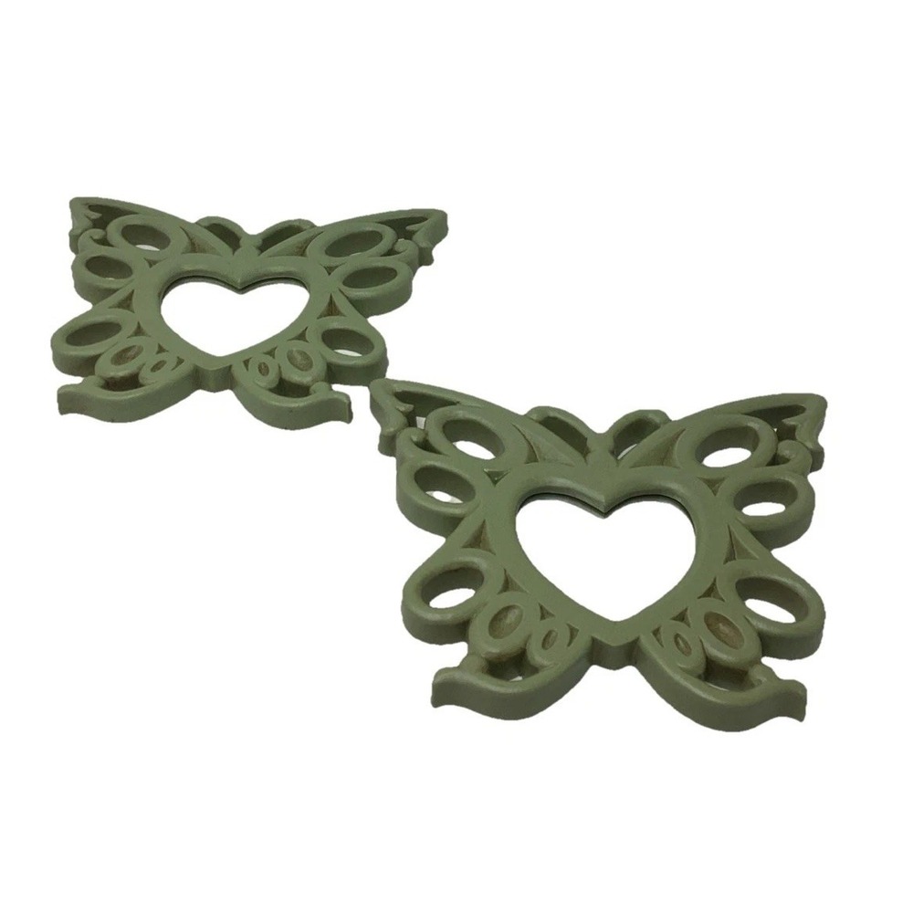 2 Vtg Home Interiors Green Scroll 6X7" Butterfly Wall Art Heart Accent Mirror